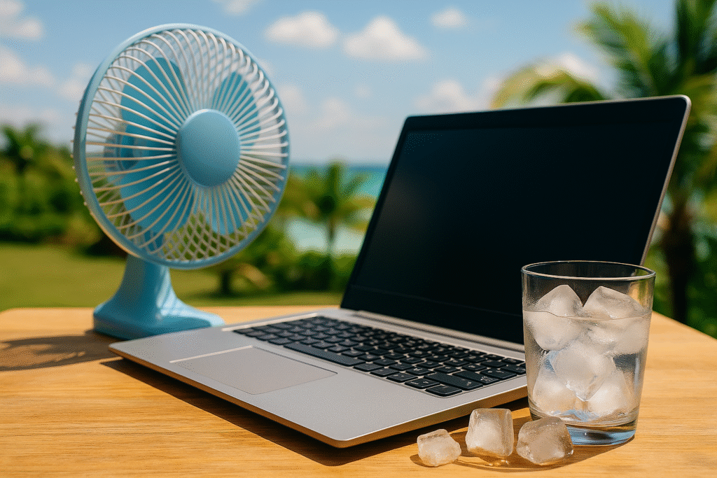 Laptop met ventilator en ijsblokjes in zomerse setting – bescherming tegen oververhitting – DVR Computers