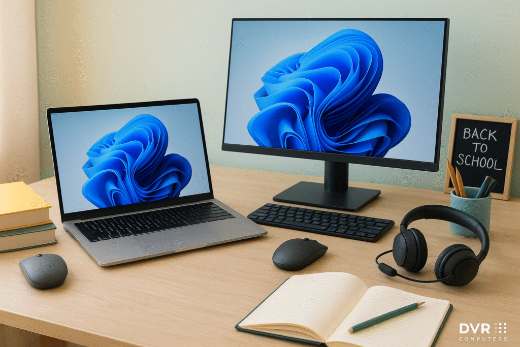 back to school checklist voor een digitaal schooljaar met laptop, tweede scherm en accessoires door DVR Computers