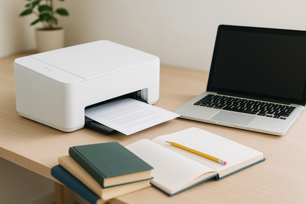 Compacte printer op bureau naast laptop en schoolboeken – DVR Computers advies