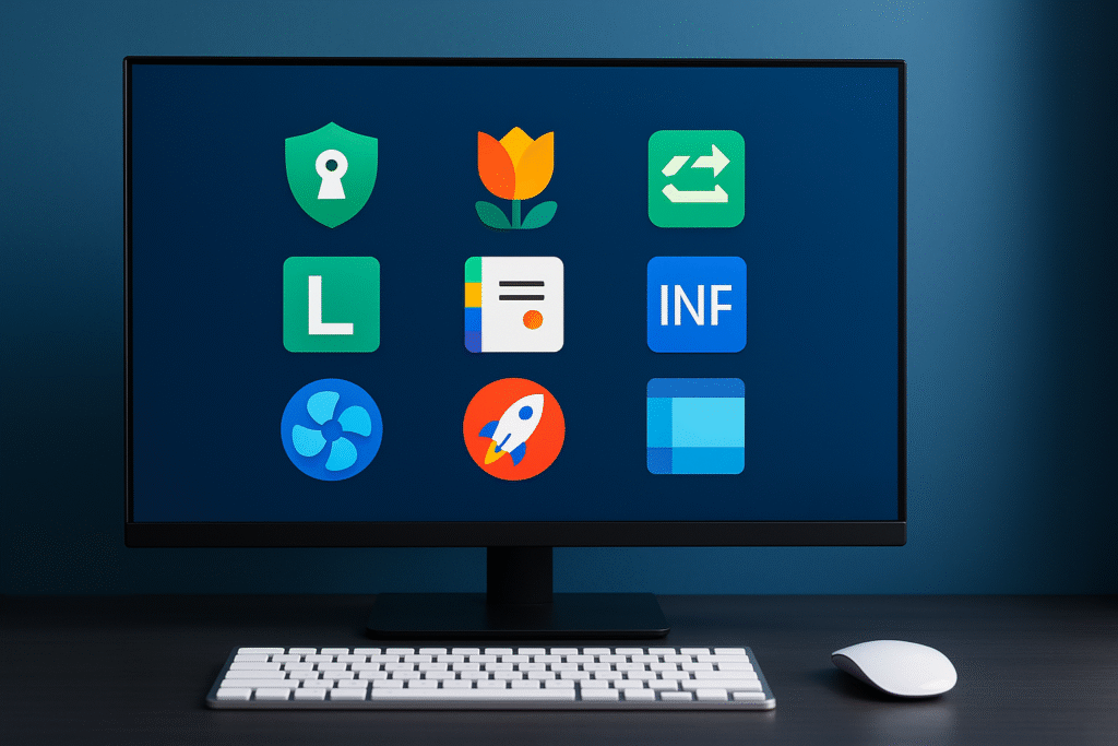 Computerbeeldscherm met icoontjes van gratis pc-tools – inspiratie door DVR Computers.