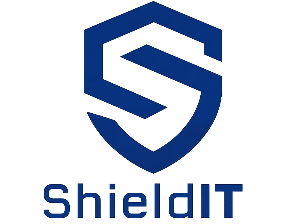 ShieldIT logo met blauw schild en slot symbool voor digitale beveiliging door DVR Computers
