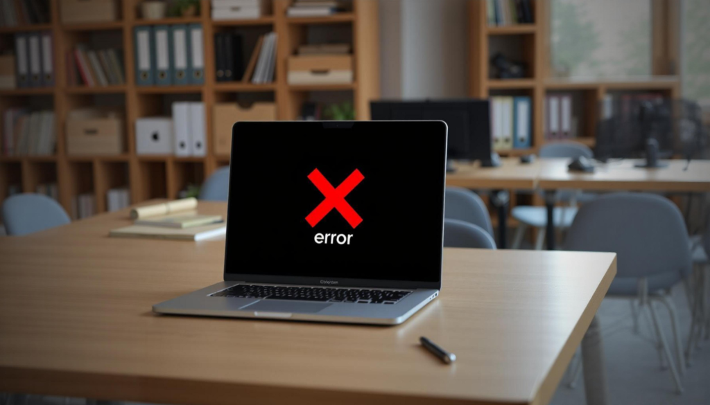 Laptop met een foutmelding op het scherm.