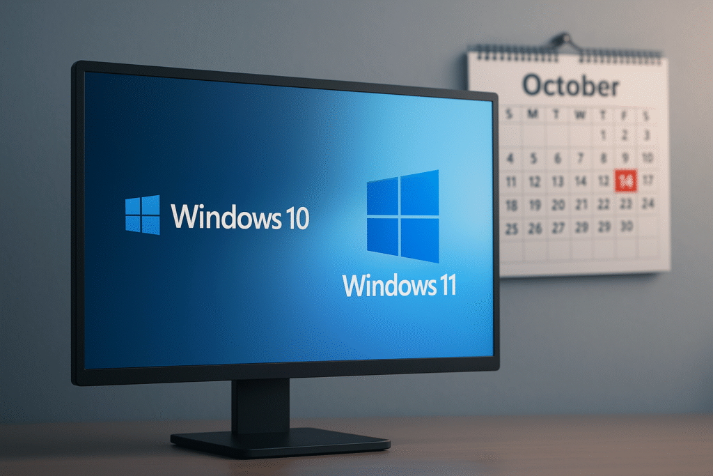 Het einde van Windows 10-support in oktober 2025, met een visuele overgang naar Windows 11 – DVR Computers.