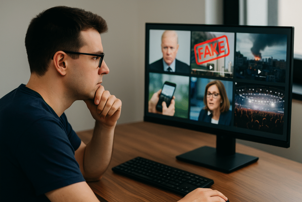 Gebruiker controleert de echtheid van online beelden op computer – DVR Computers helpt je nepnieuws herkennen.