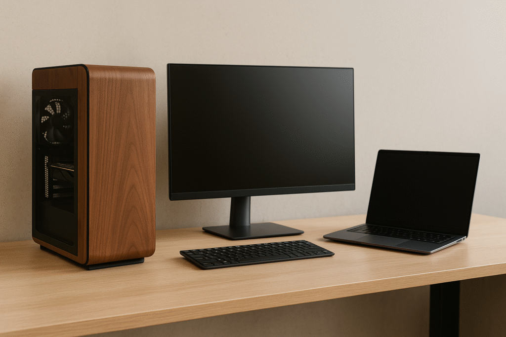 Een stijlvolle desktop naast een laptop – DVR Computers helpt je de juiste keuze maken.