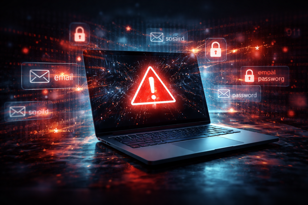 Abstract beeld van een laptop in een donkere omgeving met waarschuwingslichten en digitale patronen die een datalek en online veiligheid symboliseren, relevant voor klanten van DVR Computers.