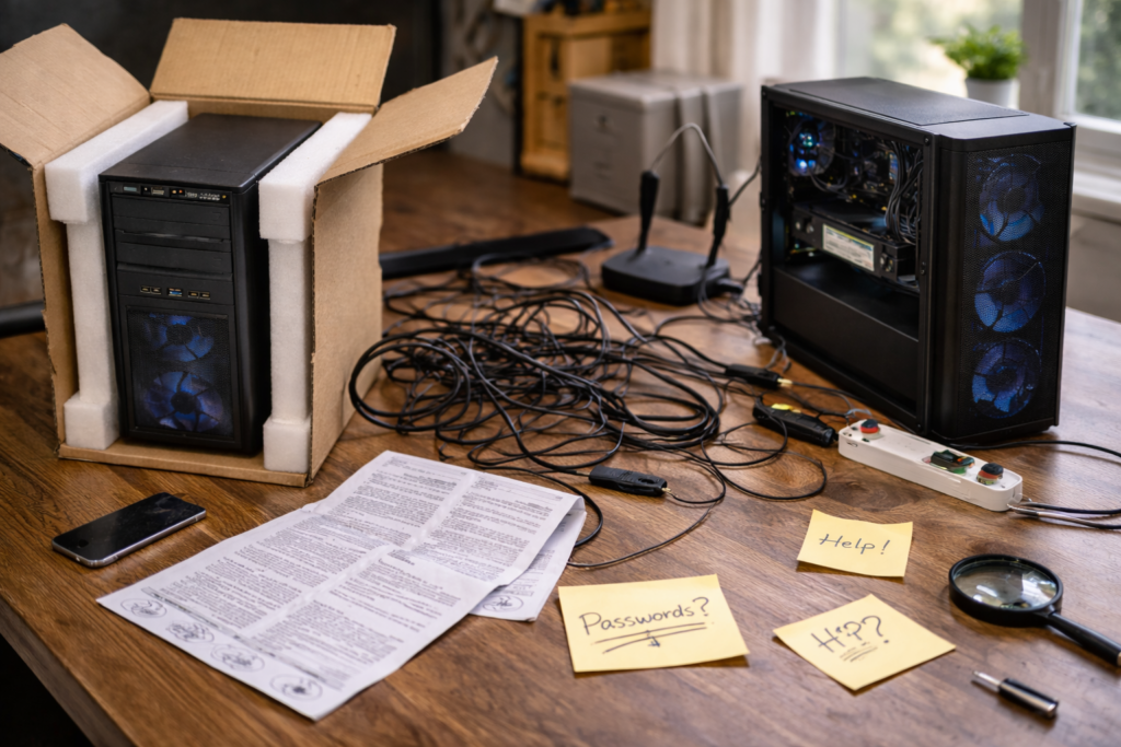 Chaotische installatie van een nieuwe computer met kabels, papieren en wachtwoorden als voorbeeld van wat DVR Computers oplost met persoonlijke IT-service